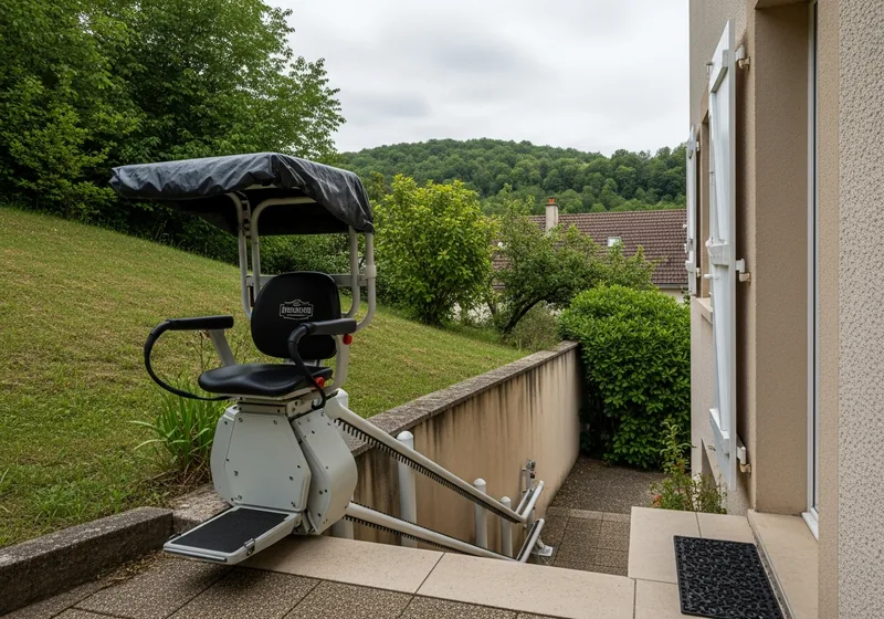 Monte-escalier extérieur reliant un jardin en pente au perron d'une maison de Bosmie-l'Aiguille