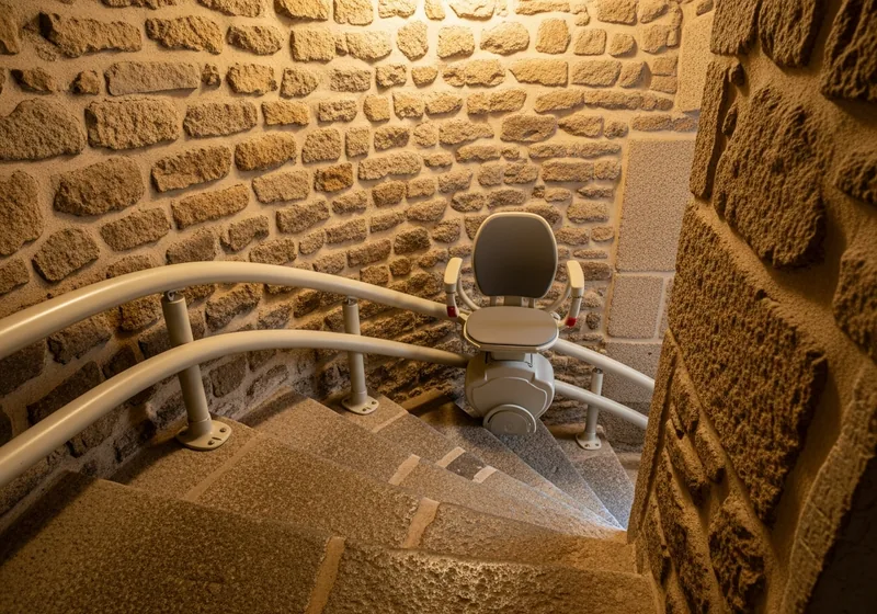 Monte-escalier tournant installé dans un escalier étroit en granite d'une vieille maison de Chaptelat